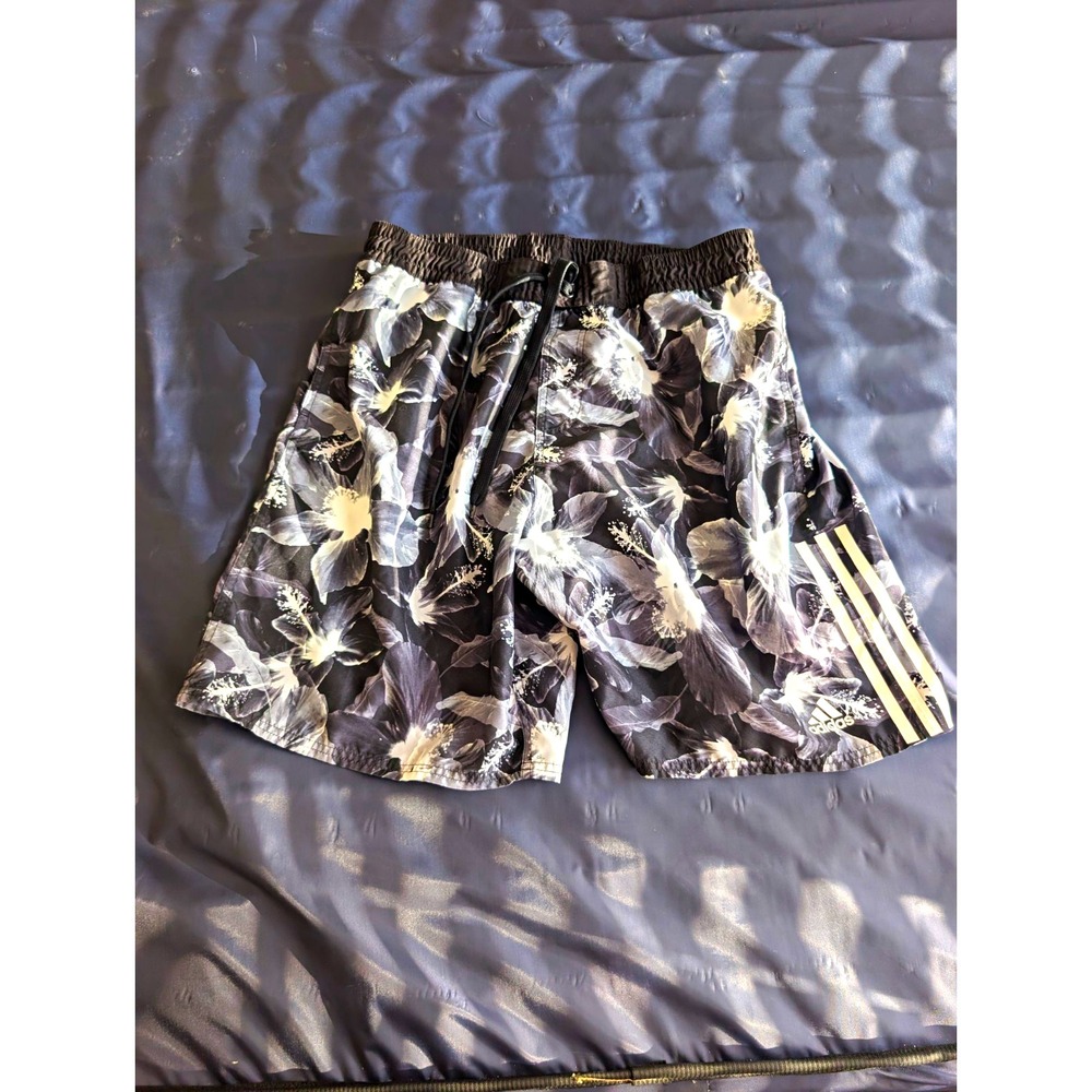 adidas Swim Shorts Mens XL Black White Floral Drawstring Elastic Waist 6in